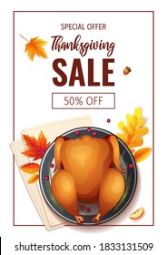 Happy Thanksgiving Day promo sale flyer with baked turkey and autumn leaves on the white background. A4 vector illustration for poster, banner, special offer.