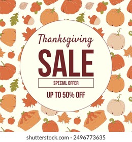 Happy Thanksgiving Day promo sale flyer autumn leaves, pumpkins, cranberry and acorn on the light background. Vector illustration for poster, banner, card, special offer.