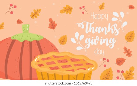 happy thanksgiving day pumpkin and cake fall foliage vector illustration
