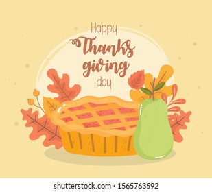 happy thanksgiving day pumpkin cake and pear fall leaves vector illustration