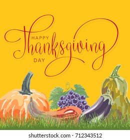 Happy thanksgiving day with pumpkin and grape. Handmade vector illustration