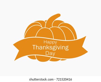 Happy Thanksgiving Day. Pumpkin and ribbon on white background. Celebratory banner. Vector illustration