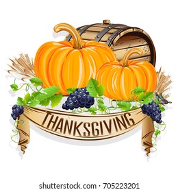 Happy Thanksgiving day. Realistic still life. Vector greeting card in vintage style.