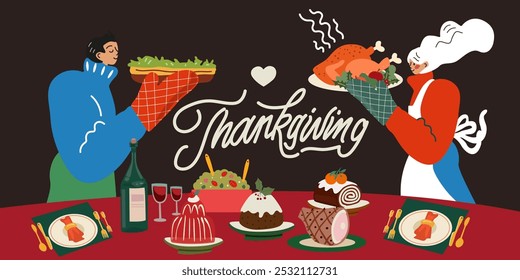 Happy thanksgiving day retro concept. Family celebrating Thanksgiving day and eating delicious food together. Delicious traditional holiday dishes on plates. Characters carry food to the festive table