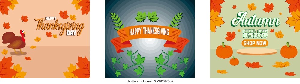 Happy Thanksgiving Day. Retro greeting card with ribbon and text happy thanksgiving. Autumn Display Podium Decoration. Set flat vector modern illustration 