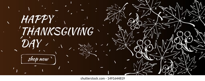 Happy Thanksgiving Day Sale banner with doodle maple leaf, horizontal background. Vector illustration for banners invitation poster and website