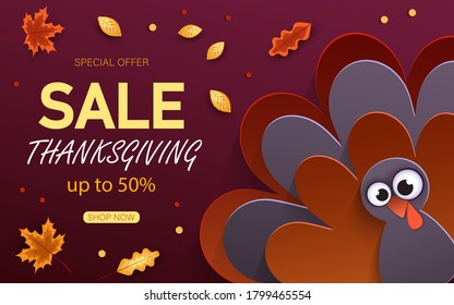 Happy Thanksgiving day sales background. Beautiful, colorful cartoon of turkey bird for Happy Thanksgiving celebration.