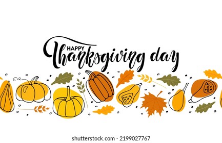 Happy Thanksgiving day Seamless border with Pumpkin, falling oak and maple leaves. Hand drawn autumn vector backdrop. Thanksgiving Repeated vector illustration for wallpaper, wrapping, scrapbooking.
