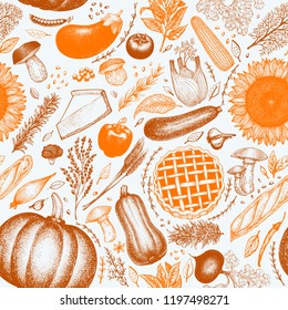 Happy Thanksgiving Day seamless pattern. Vector hand drawn illustrations. Thanksgiving backdrop in vintage style with harvest, vegetables, pastry, bakery. Autumn background.