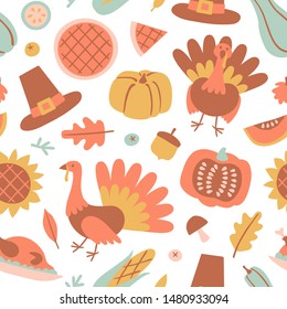 Happy Thanksgiving Day seamless pattern with holiday objects in flat style. Hand drawn  background with pumpkin, turkey, pie in pastel color. Vector illustration for design, fabric or wrapping paper.