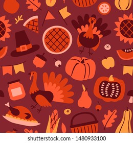 Happy Thanksgiving Day seamless pattern with holiday objects in scandinavian style. Hand drawn flat background with cartoon pumpkin, turkey, pie and fruit. Vector illustration for design, fabric or wr