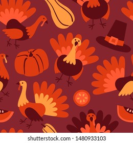 Happy Thanksgiving Day seamless pattern with pumpkin, turkey, and hat. Hand drawn background in cartoon flat style. Vector illustration for design, fabric or wrapping paper.