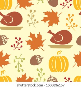 Fröhliches Thanksgiving-Tag nahtlose Muster mit Ferienobjekten - Truthahn, Kürbis, Ahornblatt, Ahorngarn und Beerenzweig.