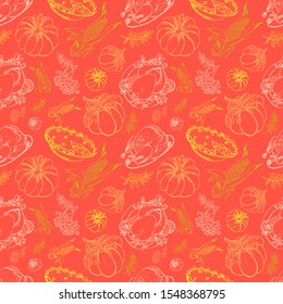 Happy Thanksgiving Day seamless pattern, hand drawn vector illustration in vintage style, for wrapping paper, wallpaper, fabric pattern, backdrop, print, gift wrap, cover of notebook, envelope