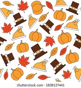 Happy Thanksgiving Day seamless pattern with holiday objects. Vector illustration.