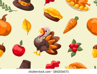Happy Thanksgiving Day seamless pattern. Background with holiday objects.