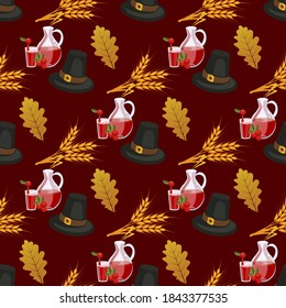 Happy Thanksgiving Day seamless pattern with holiday objects in flat style.