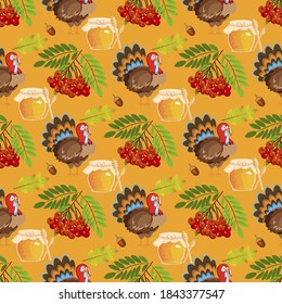 Happy Thanksgiving Day seamless pattern with holiday objects in flat style.