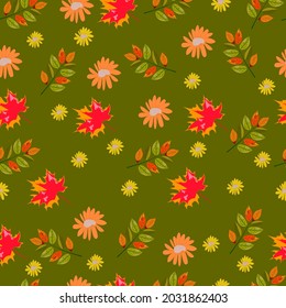 Fröhliches Thanksgiving-Tag nahtloses Muster auf dunklem, gelb-grünem Hintergrund.