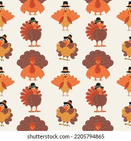 Happy Thanksgiving Day. Seamless pattern Cartoon Turkey and Pilgrim Hut. Set. .Vector in cartoon style. 