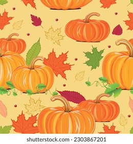 Happy Thanksgiving Day seamless pattern with orange pumpkins and falling leaves. Vector autumn background for textile, wrapping paper or wallpaper.