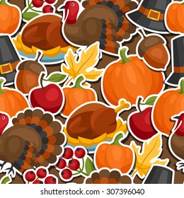 Happy Thanksgiving Day seamless pattern with holiday sticker objects.