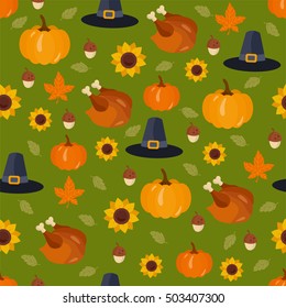 Happy Thanksgiving Day seamless pattern. Vector illustration with pumpkin, turkey, hat and sunflowers on green background. For printing, backdrop and textile.