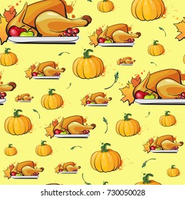 Happy Thanksgiving Day Seamless Pattern Autumn Traditional Holiday Greeting Card With Roasted Turkey Flat Vector Illustration