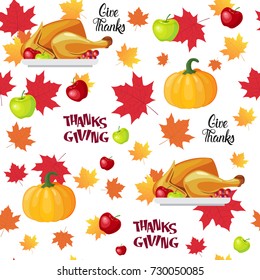 Happy Thanksgiving Day Seamless Pattern Autumn Traditional Holiday Greeting Card With Roasted Turkey Flat Vector Illustration