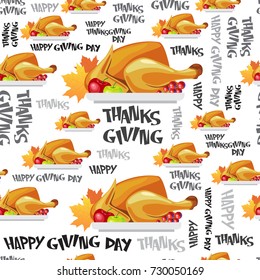 Happy Thanksgiving Day Seamless Pattern Autumn Traditional Holiday Greeting Card With Roasted Turkey Flat Vector Illustration