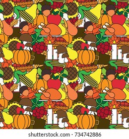 Frohe Erntedankfest Tag nahtlose Muster mit der Türkei und Erntegemüse Herbst Traditionelle Feiertagsverzierung Vektorgrafik