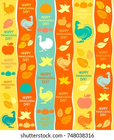 Happy thanksgiving day! Seamless Thanksgiving Day pattern with turkey, pumpkin, autumn leaves. Modern line art design for web, site, advertising, banner, poster, board and print. Vector Illustration