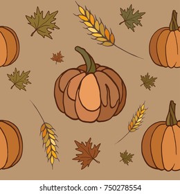 Happy thanksgiving day seamless pattern  with pumpkins, cones and leaves
