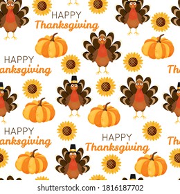 Happy thanksgiving day seamless vector pattern with text, turkey and pumpkin