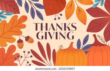 Happy thanksgiving day seasonal banner with pumpkins,leaves,acorns,berries,plants in fall colors.Vector holiday illustration.Autumn thanksgiving template for prints,ad,smm,branding,packaging,covers