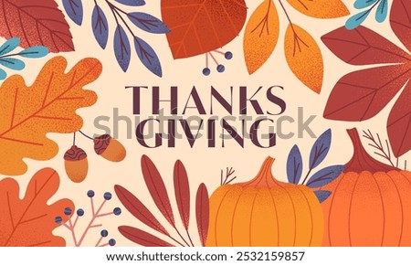 Happy thanksgiving day seasonal banner with pumpkins,leaves,acorns,berries,plants in fall colors.Vector holiday illustration.Autumn thanksgiving template for prints,ad,smm,branding,packaging,covers