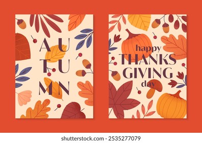 Happy thanksgiving day seasonal posters with pumpkins,mushroom,leaves,berries,plants in fall colors.Vector holiday illustrations.Autumn thanksgiving templates for prints,ad,smm,branding,covers