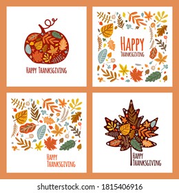 Happy Thanksgiving Day. Set of autumn cards. Falling autumn leaves, maple leaf, pumpkin in hand-drawing style. Greeting card, invitation, flyer, banner, poster templates. Vector illustration.