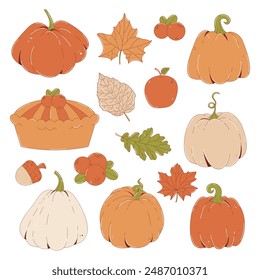 Feliz día de Acción de Gracias. Hojas de otoño, calabazas, pastel, manzana, arándano y bellota. Ilustración vectorial plana aislada sobre fondo transparente 