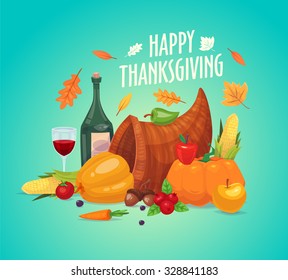 Happy thanksgiving day. Set of colorful cartoon icons for thanksgiving day celebration, can be use as flyer, poster or banner.