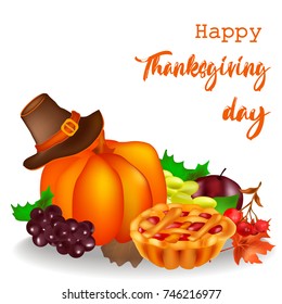 happy thanksgiving day, set, hat, leaves, pumpkin, grapes, apple, pie, vector, holiday greeting card, party