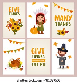 Happy thanksgiving day. Set of labels with pilgrim, indian characters, holiday food and typography. Vector cartoon illustration.