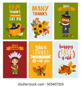 Happy thanksgiving day. Set of labels with pilgrim, indian characters, holiday food and typography. Vector cartoon illustration.