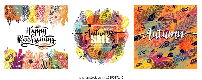 Happy Thanksgiving Day set with multicolor trendy autumn background. Great design element, Vector illustration, template design, brochure, banner, cover, booklet, flyer, card, poster