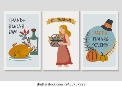 Happy Thanksgiving day set of posters in flat cartoon design. This image shows three posters decorated with Thanksgiving decorations and other cute elements. Vector illustration.
