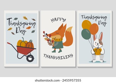 Happy Thanksgiving day set of posters in flat cartoon design. Three posters featuring pumpkins and animals holding various fall elements match perfectly together. Vector illustration.