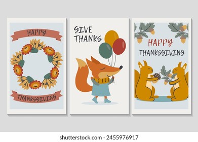 Happy Thanksgiving day set of posters in flat cartoon design. Three posters featuring pumpkins and animals holding various fall elements match perfectly together. Vector illustration.