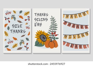 Happy Thanksgiving day set of posters in flat cartoon design. Three posters filled with atmospheric elements of Thanksgiving, fall vegetables, flowers and flags. Vector illustration.