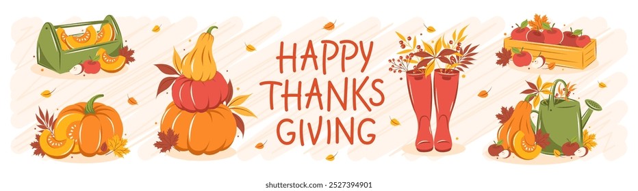 Happy thanksgiving day. Set with pumpkin, fruit, watering can and autumn leaves. Gardening, growing plants. Vector illustration for holiday greeting card, banner, poster.