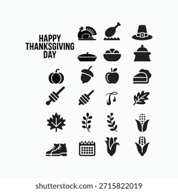 Icono sólido del día de Acción de Gracias feliz fijado con el pavo, la calabaza, el pastel y la Ilustración vectorial de los Elementos del otoño.